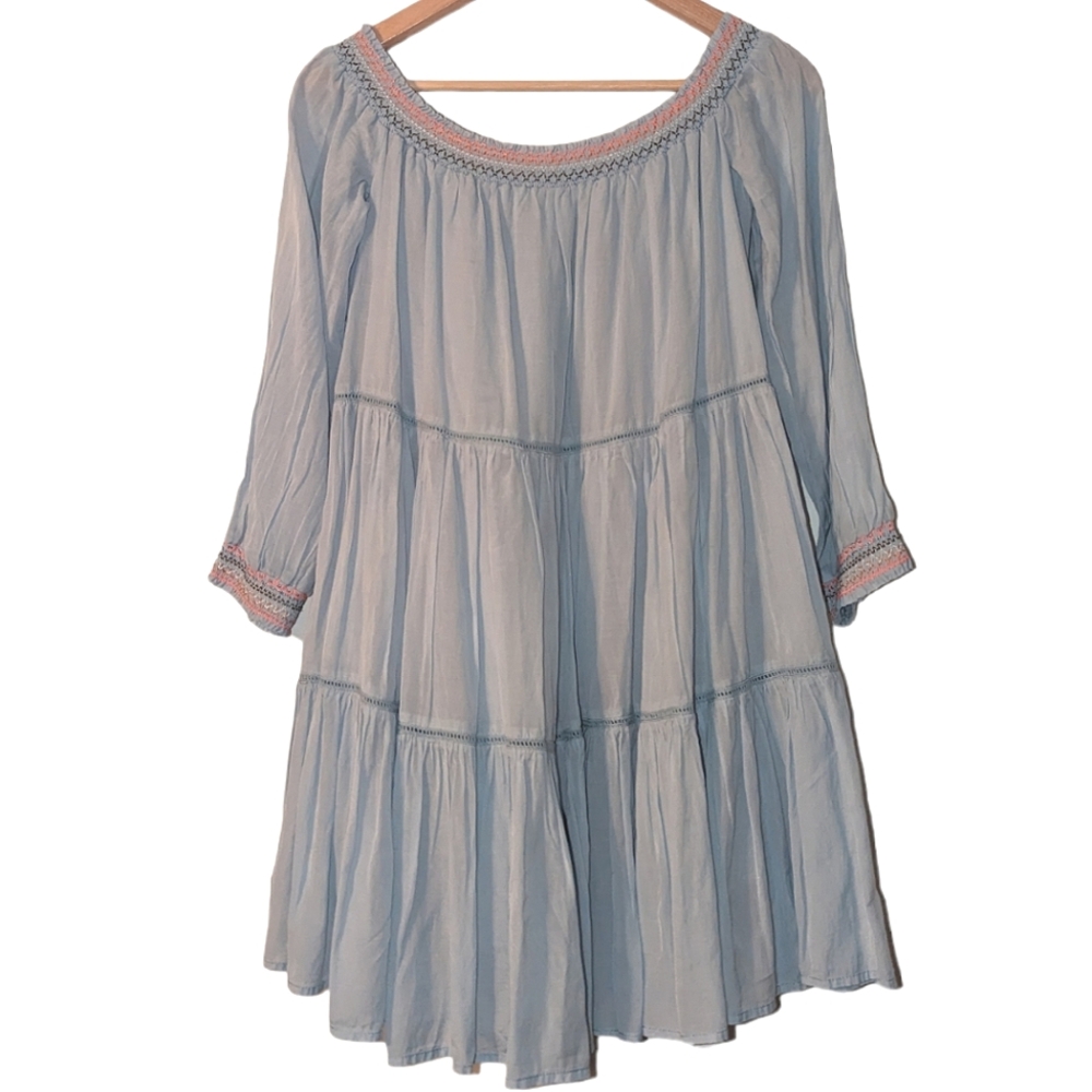 Free People Sunbeams Embroidered Boho Off Shoulder 3/4 Sleeve Lined Mini Dress - Picture 4 of 13